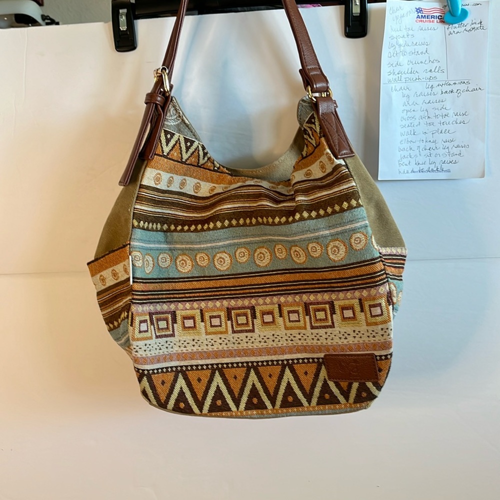 Worldlya Tapestry and canvas bag, multiple sections 11x11x5.5